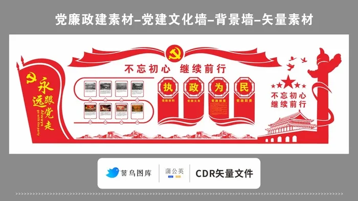 党建文化墙党建素材CDR预览图矢量红色不忘初心继续前行cdr矢量模版下载