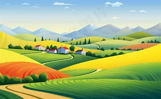 乡村村庄美丽风景河流插画农田插画背景