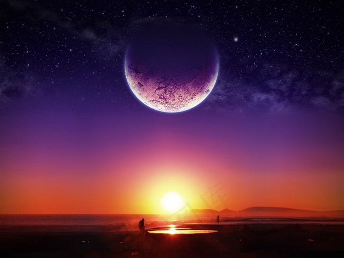 星空中的月亮晚霞天空风景图片