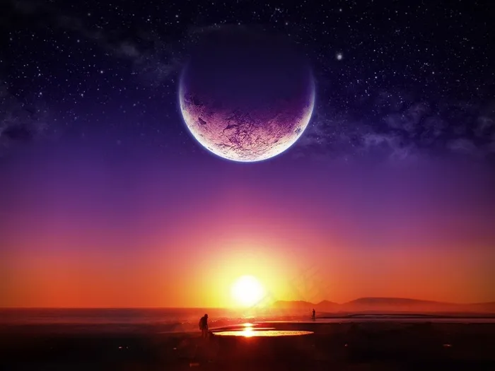 星空中的月亮晚霞天空风景图片