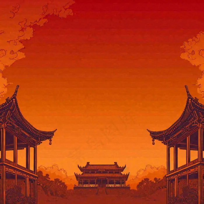 红色渐变国风建筑剪影，中国风简约(1024x1024)