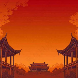 红色渐变国风建筑剪影，中国风简约
