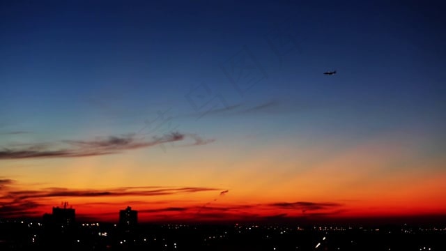 日落, 飞机, 降落, 天空, 暮, 橙色的, 红色的