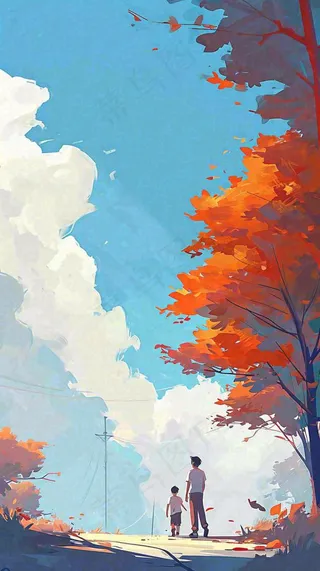 秋天红色秋叶树落叶温馨自然风景，立秋手绘插画