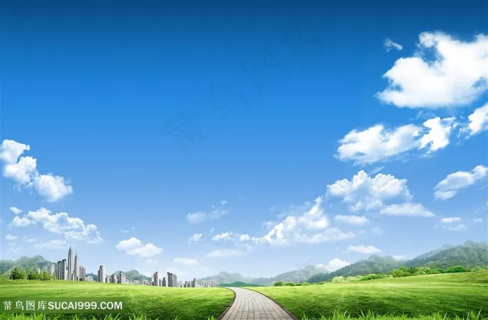 蓝天白云草地风景画