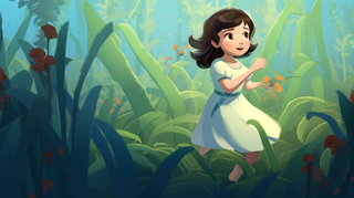 穿裙子的小女孩在草丛花丛里奔跑卡通插画素材 