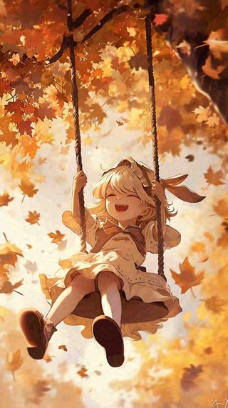 秋天秋叶树下卡通女孩荡秋千手绘插画，唯美落叶