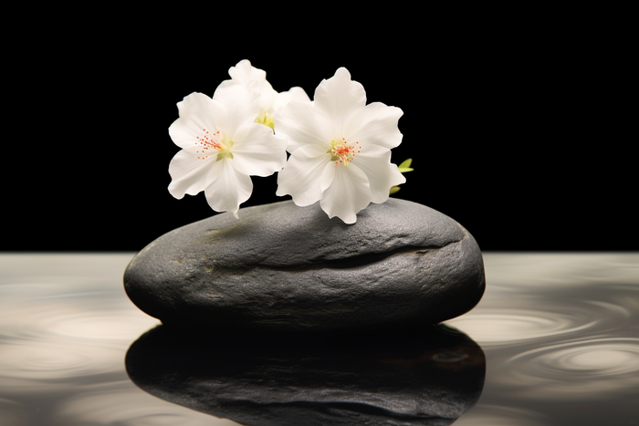 水里黑色石块上放的白色小花摄影图