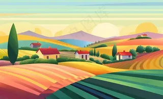 乡村村庄美丽风景河流插画农田插画背景
