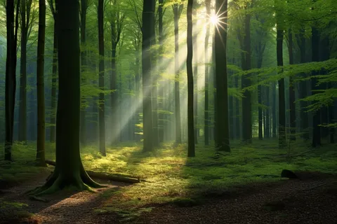 森林里树木的间隙透出来的光影摄影图