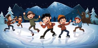 冬季在冰湖上滑冰的孩子儿童卡通插画背景