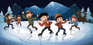 冬季在冰湖上滑冰的孩子儿童卡通插画背景