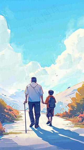 蓝天白云下父亲牵着手，父爱背影亲情伟大感恩