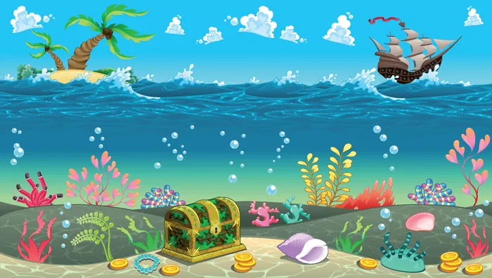 卡通大海与宝物eps,ai矢量模版下载