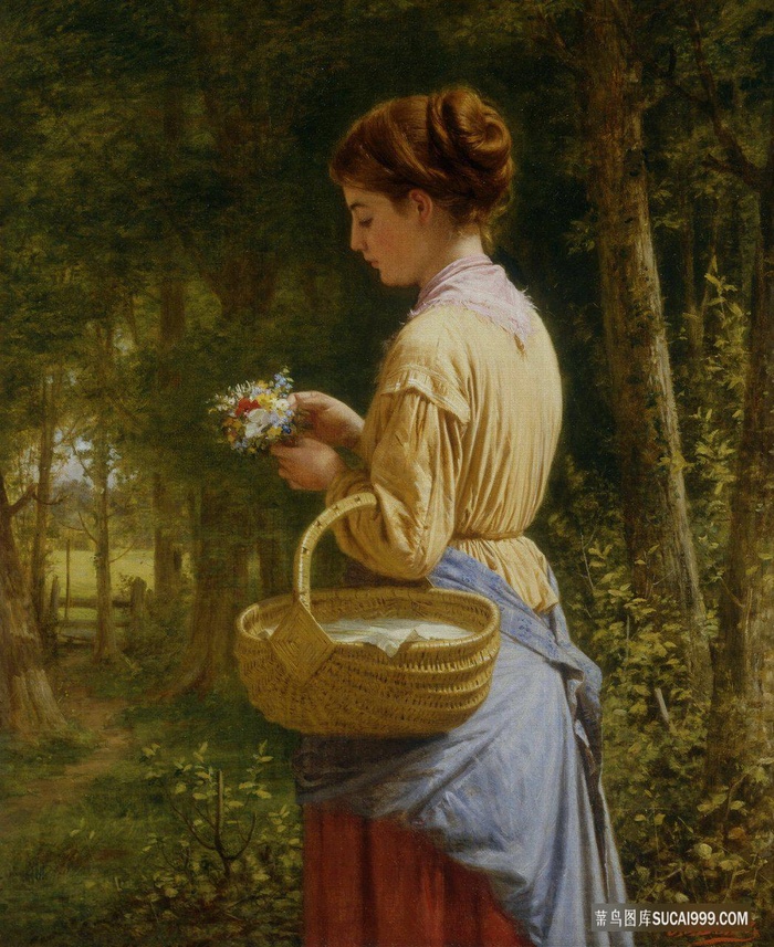 拿着竹篮的美女树林风景画