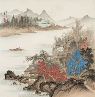 青绿山水29秋江行舟王军河绘