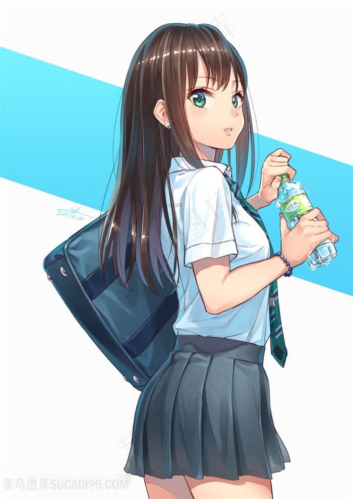 日本喝汽水的可爱校园女生动漫图片