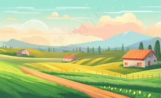 乡村村庄美丽风景河流插画农田插画背景