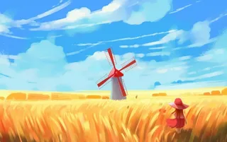 秋天麦田里的女孩背影插画背景