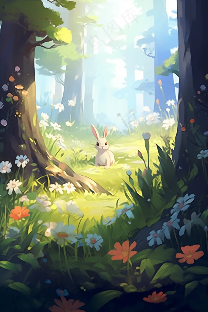 森林小白兔草丛开满小花卡通插画背景