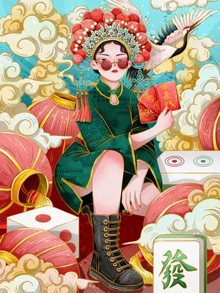 手绘中国风国潮京剧戏曲人物插画古风国粹花旦ai矢量ps设计素材图