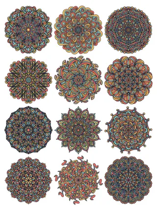 中国风古典民族风手绘曼陀罗花纹圆形插画AI矢量装饰图案PSD素材