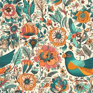 花鸟图，插画风格，无缝贴图，素材