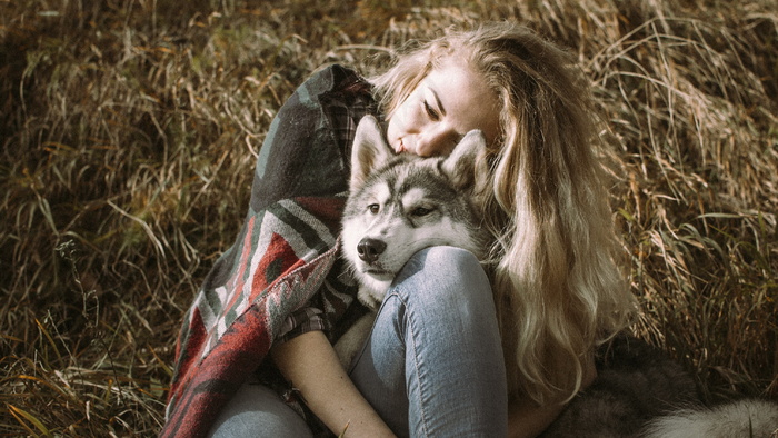 美女与哈士奇写真图片