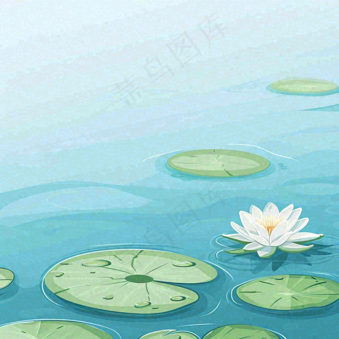 中国风夏日荷塘池白色荷花盛开手绘插画，立夏夏至大暑小暑(1024x1024)