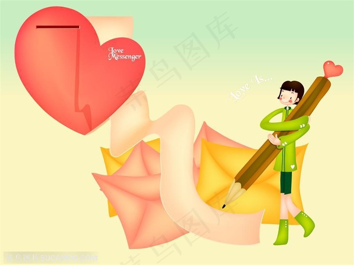 手绘抱着心形铅笔的美女和粉色信封