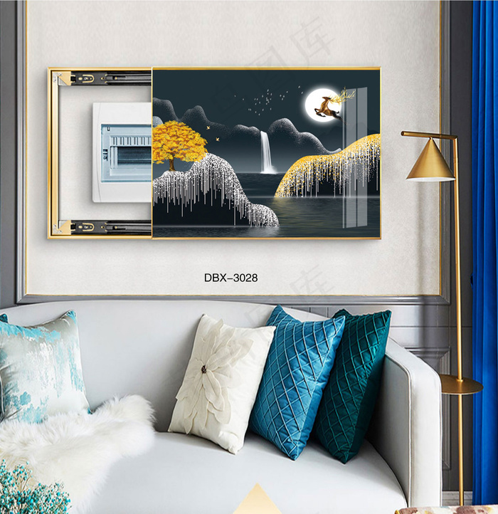 大气时尚家居室内装饰场景客厅沙发卧室床铺电表箱壁画简约电商海报装饰画