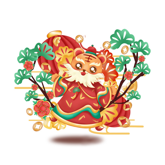手绘2022虎年新年春节卡通老虎形象IP插画元素PSD设计素材图案