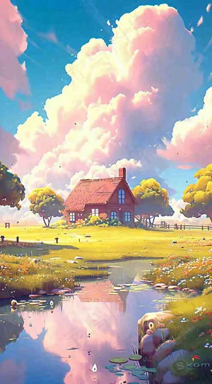 蓝天草坪上小屋房子在河流旁，河面倒影