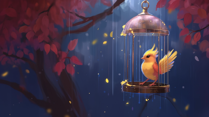 树枝上挂着的鸟笼小鸟插画素材