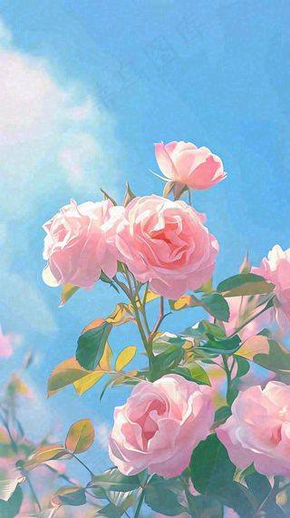 春天蓝天白云阳光下的粉色玫瑰花朵，谷雨立夏