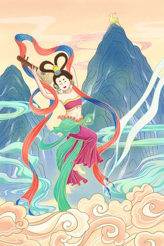 复古中国风国潮神话人物敦煌插画仙女手绘海报背景PSD设计素材