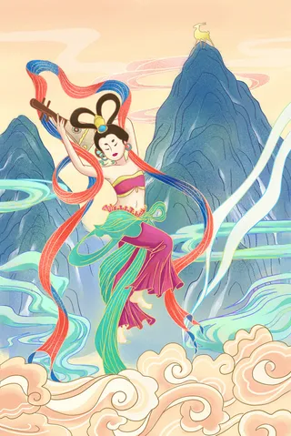 复古中国风国潮神话人物敦煌插画仙女手绘海报背景PSD设计素材