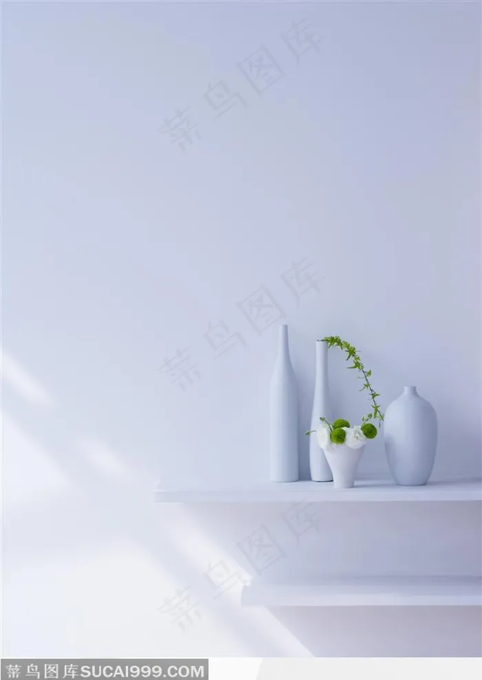白色墙柜上的白色瓷器与鲜花
