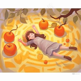 野餐垫上的女孩水果玩耍开心橙色插画素材背景