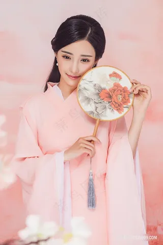 高清粉色古装半遮面清纯美女摄影写真图片素材