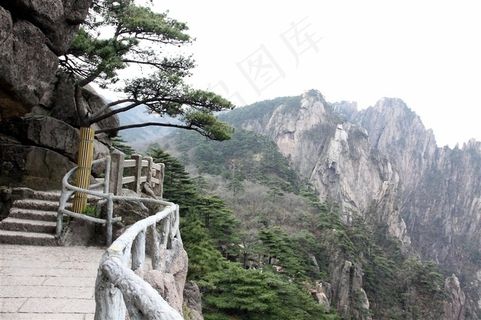石峰顶上迎客松下的登山道