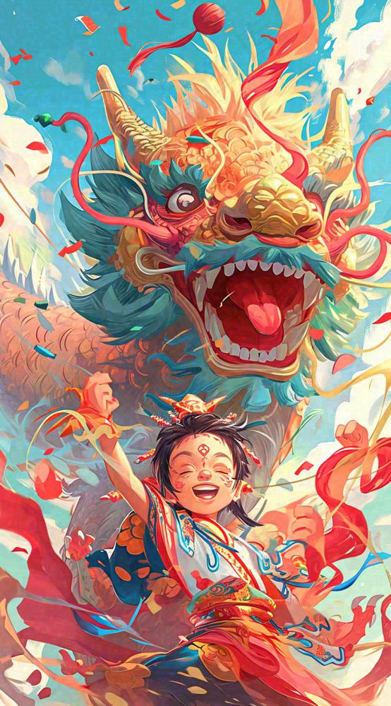 祥龙喜庆欢乐节日，蓝天白云儿童手绘插画(816x1472)