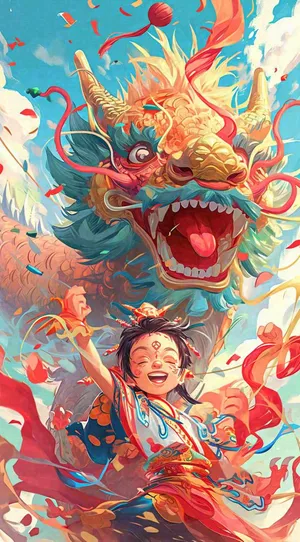 祥龙喜庆欢乐节日，蓝天白云儿童手绘插画