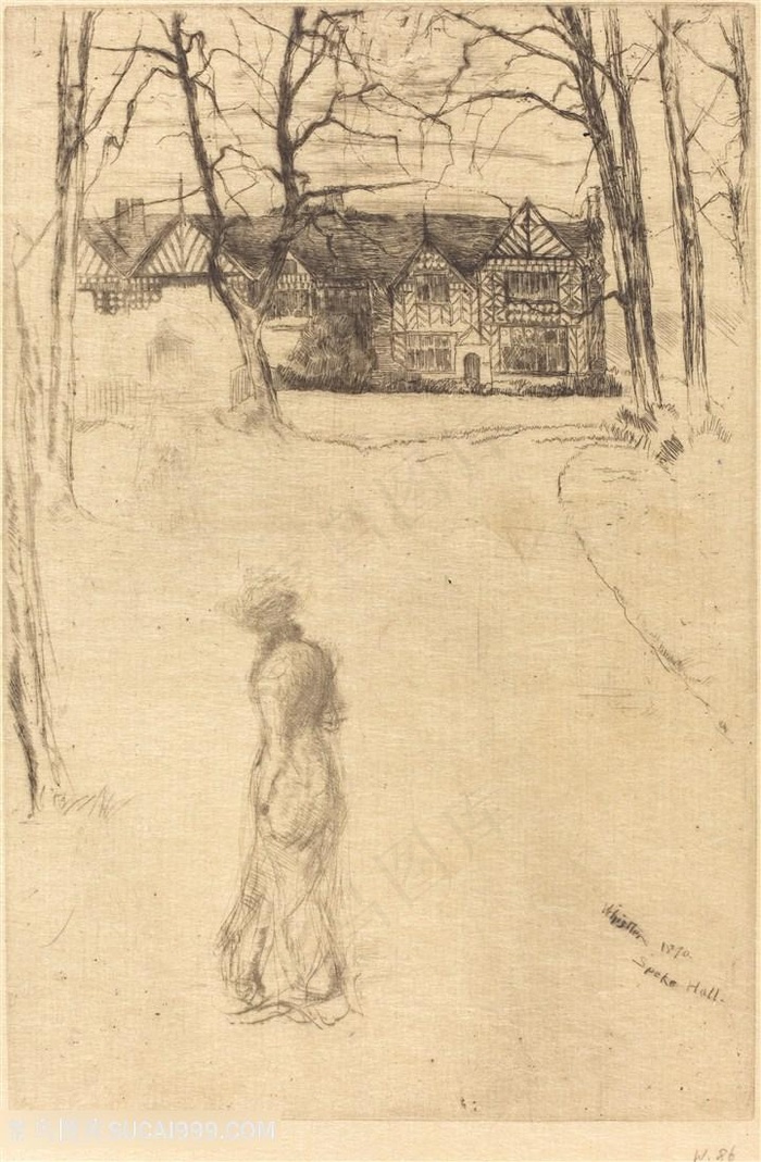惠斯勒素描建筑走道女性装饰画