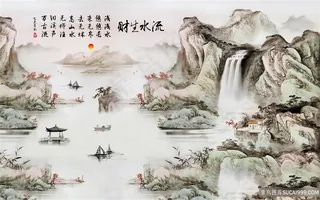 流水生财风景字画高清分辨率喷绘打印办公室挂画素材山水花草