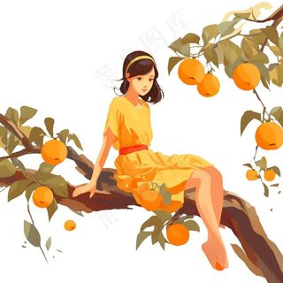 少女女孩坐着柿子树上橙色插画免抠