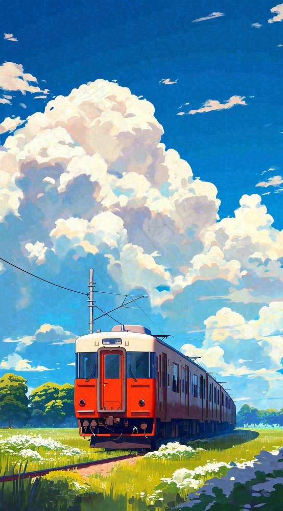 蓝天白云交通高铁铁路火车，草坪鲜花彩色插画