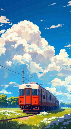 蓝天白云交通高铁铁路火车，草坪鲜花彩色插画