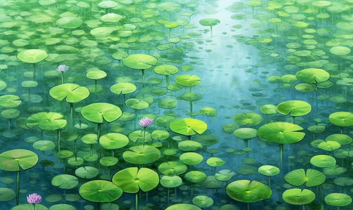 湖水上漂浮着很多荷花睡莲的插画