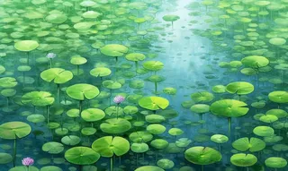 湖水上漂浮着很多荷花睡莲的插画
